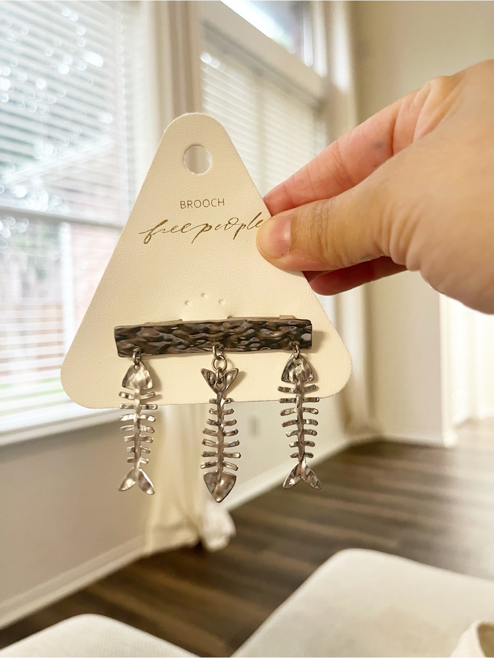 Free People Fish Outta Water Silver Tone Nautical Dangle Fishbone Pin NEW